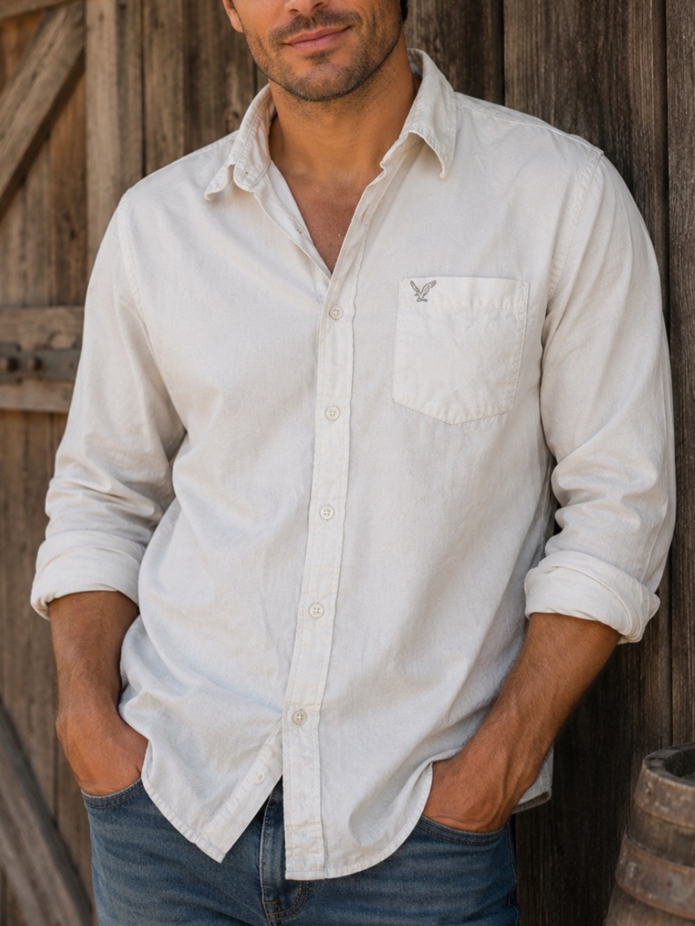 American Eagle Outfitters White Long-Sleeve Casual Button-Down
